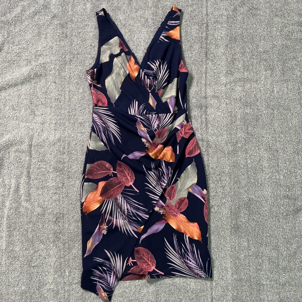 Guess Navy Blue Tropical Floral V-Neck Ruched Asymmetrical Sheath Dress Size 6